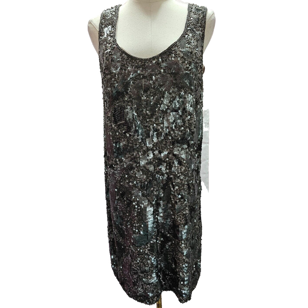 Gold Hawk Mini Silver Silk Fully Beaded‎ Sheath Tank Dress Cocktail Gatsby MED